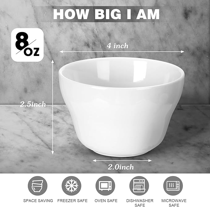 Patelai 18 Pack 8 oz Porcelain Bowls Porcelain Broth Cups, Small Dessert Bowls, Soup and Dip Bowls for Ice Cream, Desserts, Soups, Side Dishes, Salads, Cereal, Rice Microwave Dishwasher Safe, White