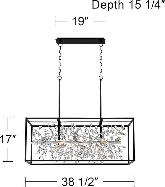 Possini Euro Design Carrine Black Silver Metal Rectangle Linear Pendant Chandelier 38 1/2" Wide Modern Clear Crystal Flower Vine 8-Light Fixture for Kitchen Island Dining Room House High Ceilings