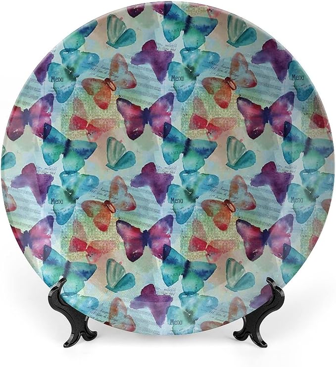Ceramic Display Plate, Abstract Ceramic Hanging Decorative Plate, Watercolor Rainbow Colored Butterflies and Letterings Music, 7 Inch, Living Room Kitchen Decoration Household, Multicolor
