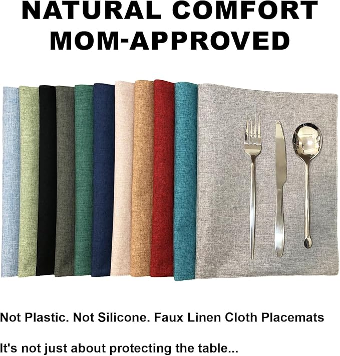 Cloth Placemats Set of 6, Cotton Linen Blend Machine Washable Double Layered Durable Place Mats Heat Resistant Placemats Wrinkle Free Thick Fabric Dining Table Mats (Dark Grey, 6)