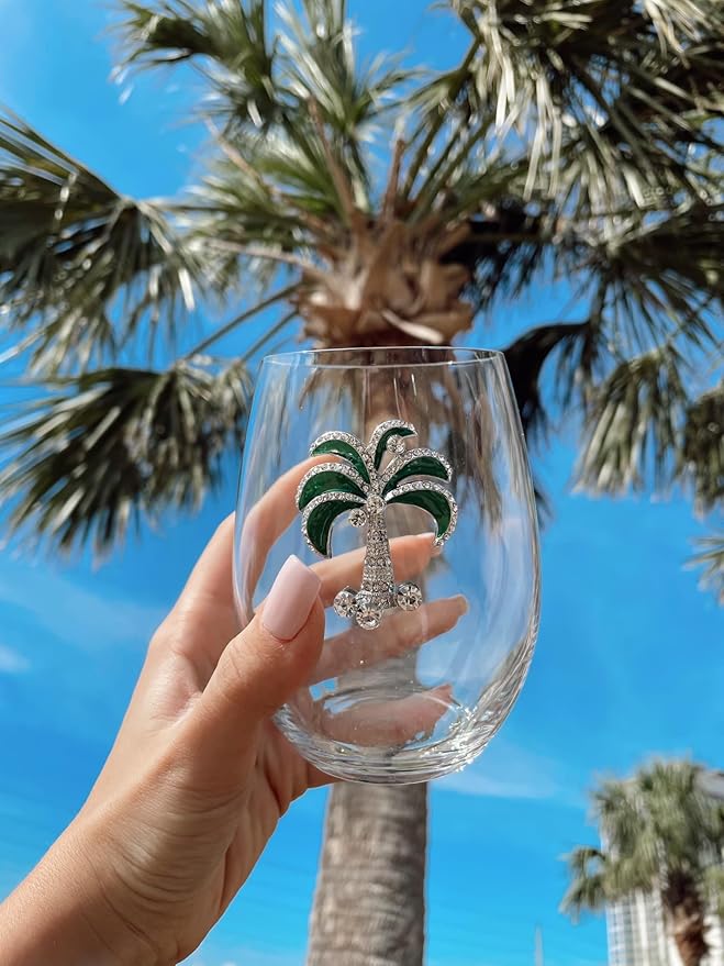 THE QUEENS' JEWELS Green Diamond Palm Tree Wine Glass (stemless), 21 oz. - Tropical Getaway with Rhinestone Glam - Hand-Decorated With Glassware - Not Painted - Dazzling and Unique