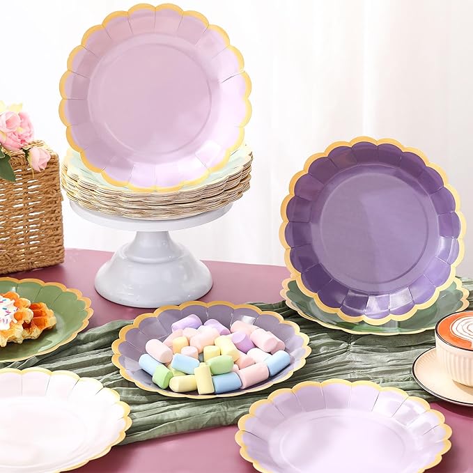 96 Pcs Sage Green Purple Paper Plates 9 Inch Lavender Scalloped Paper Disposable Dinner Dessert Plates for Birthday Wedding Bridal Party Supplies, 6 Colors
