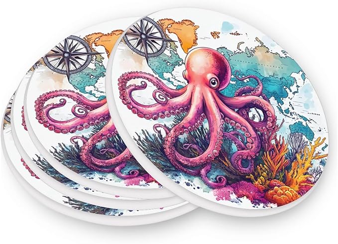 Coasters for Drinks Coaster Drink Set Decorative Coffee Table Desk Cup Mat Spring Cute Cork Bar Backing Round Home Decor Octopus and Compass34