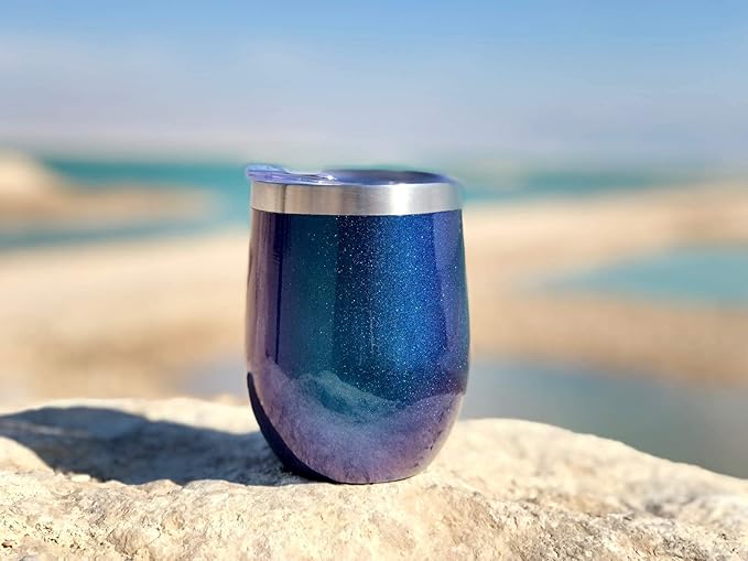 CHILLOUT LIFE 12 oz Stainless Steel Wine Tumblers 2 Pack - Double Wall Vacuum Insulated Wine Glasses Cups with Lids and Straws Set Keeping Cold & Hot for Coffee, Beer, Ice Cream - Blue Sparkle