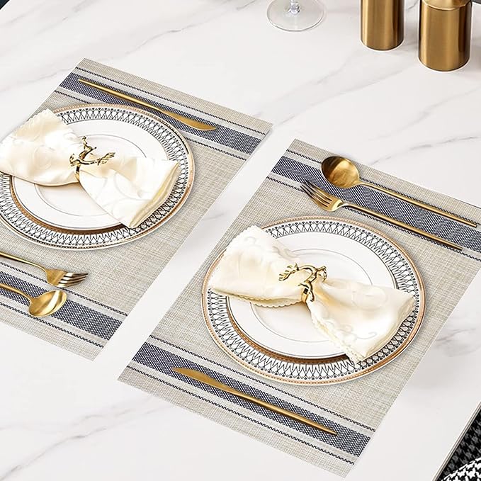 DACHUI Placemats Set of 8, Soft & Elegant Woven Vinyl Place Mats, Water Resistant, Heat Resistant, Washable, Durable Table Mats (Blue Stripes)