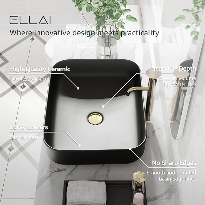 ELLAI Bathroom Vessel Sink Rectangle Above Counter Porcelain Ceramic Top Mount Rectanglar Countertop Sink for Bathroom 19.7"x15.2"x5.4" Matte Black