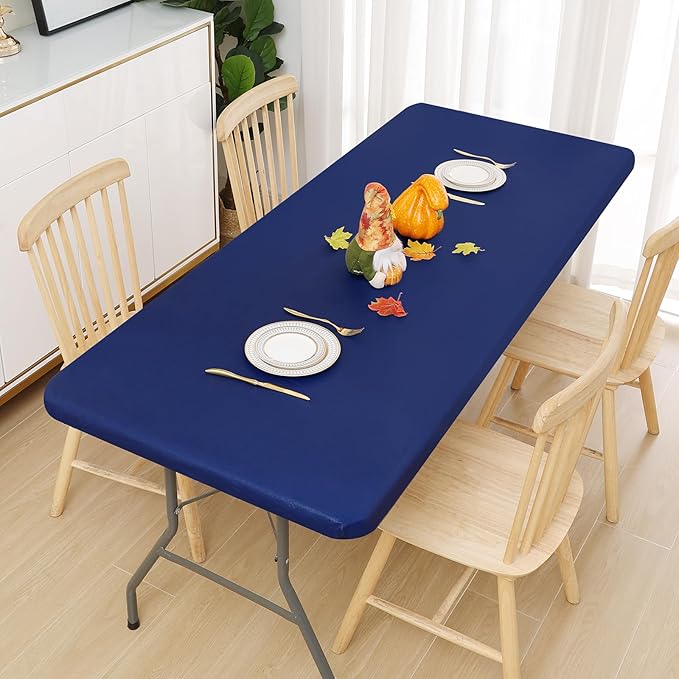 Smiry Rectangle Tablecloth, Elastic Fitted Flannel Backed Vinyl Tablecloths for 4ft Folding Tables, Waterproof Wipeable Table Covers for Indoor, Outdoor, Picnic and Camping (Navy, 30"x48")