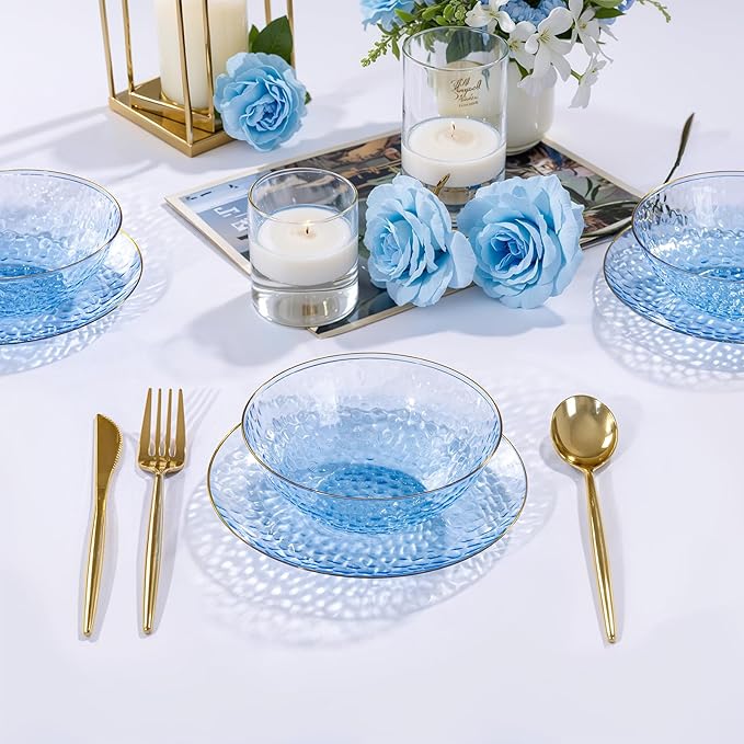 I00000 50 Pack 12 Ounce Blue Plastic Bowls Hammered Clear Bowl with Gold Rimmed, Heavy Duty Disposable Bowl Set,Elegant Small Bowls for Party, Weddings, Catering