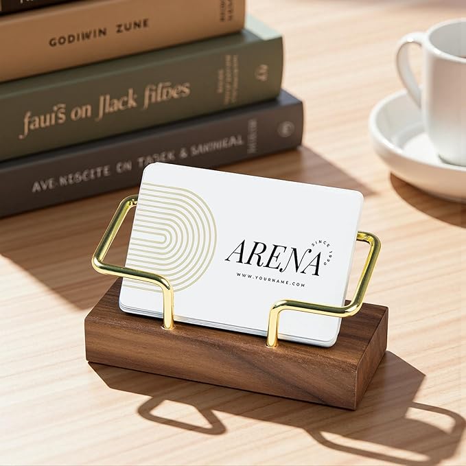 Business Card Holder for Desk, Minimalist Wooden Desk Organizer with Brass Metal Frame, Stylish Office & Home Decor for Professional Card Display(Walnut Rectangle)