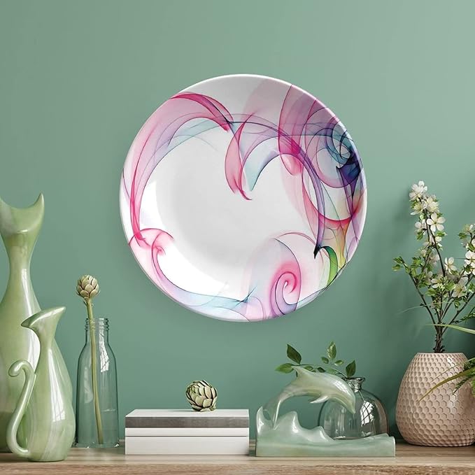 Decorative Plates, Abstract Decor Print Ornament, Colorful Smock Artwork Futuristic Decor, 10 Inch, 1 Plate with 1 Display Stand, Multy