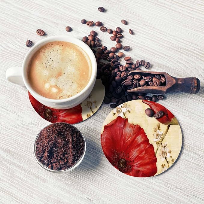 Red Poppy Drink Coaster for Tabletop Protection Beautiful Watercolor Floral Blossom Vintage Style Non-Slip Cups Place Mats Home Decor Diatomite Material for Men Women