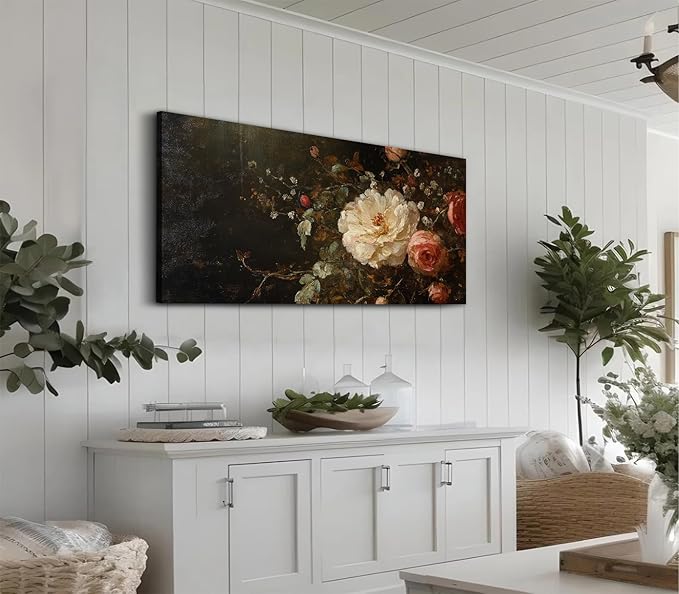 ADJUVANT Wall Art Vintage Peony And Rose Bouquet 48"L x 24"W, White Peony With Pink Roses Canvas Painting Elegant Floral Artwork Prints Botanic Wall Decor for Living Room Bedroom Dining Room Home Office