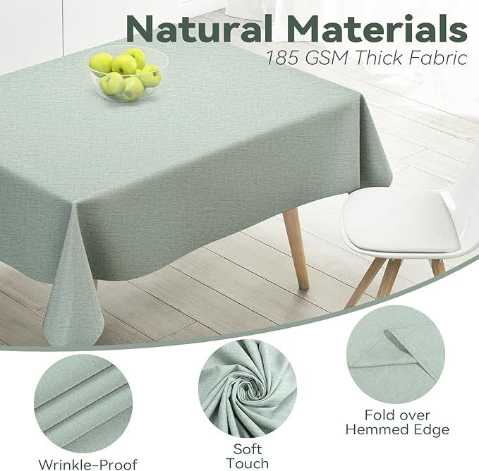 Rectangular Tablecloth Linen Texture Waterproof and Stain-Resistant Fabric Table Cloth, Kitchen Dining Table Decoration, 60 x 104 inch, Sage Green