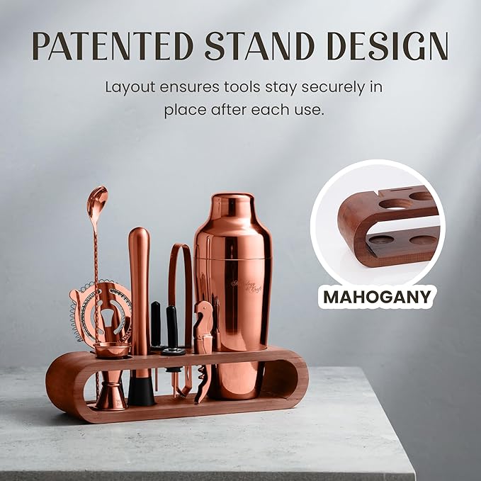 Mixology & Craft Cocktail Shaker Set with Dark Bamboo Stand - Professional 10-Piece Bartender Kit - Complete Bar Set & Cocktail Mixer Kit for Home (Copper)