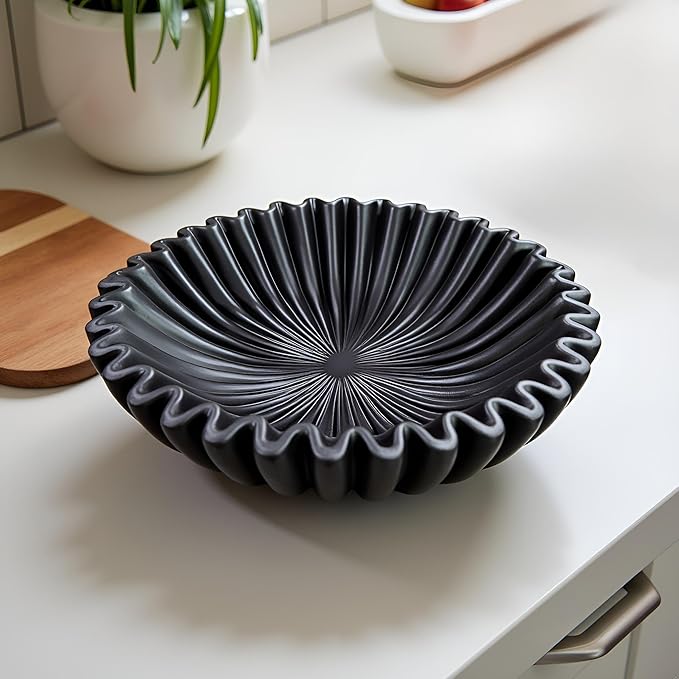 10" Large Decorative Bowl decor, Scalloped Bowls for Modern Home Decor,Ruffle Decor,Stylish Key Bowl for Entry Table,Decorative Fruit Bowl for Kitchen Counter,Black