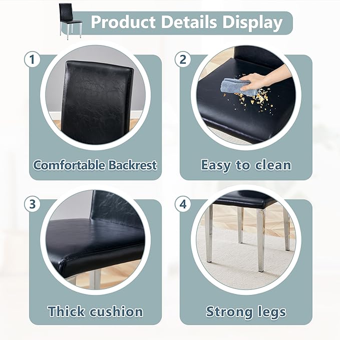 Dining Chairs Set of 8,Faux Leather with Chrome Plate Metal Legs,Armless Kitchen Room Chairs Set of 8,Max Load 300 Lbs,High Back Modern Design for Home Kitchen Living Room Bedroom