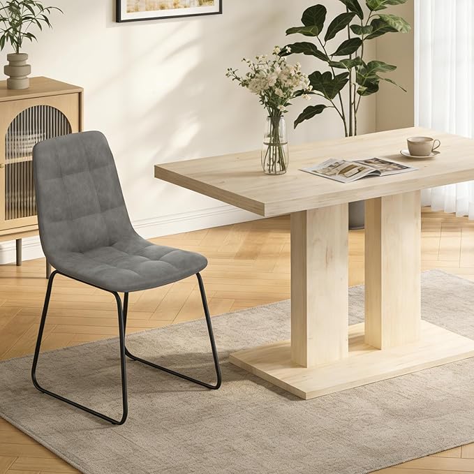 Modern 5-Piece Dining Table Set for 4, 46" Pedestal Dining Room Table with 4 Leather Chairs, Small Space Saving Kitchen Table Set, Natural Wood Finish Rectangle Table for Home & Apartment