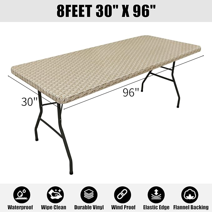 Smiry Rectangle Table Cloth Cover, Waterproof Elastic Fitted Picnic Tablecloth for 8 Foot Tables, Wipeable Flannel Backed Vinyl Tablecloths for Camping, Dining, Outdoor (Sand, 30" x 96")