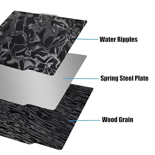 Smooth Water Ripples+Wood Grain 3D Printer Build Plate for Bambu Labs X1 X1C X1E P1P P1S A1, Double Sided Flexible Sheet Spring Steel Plate 257x257mm for Bambulab 3D Printer Platform