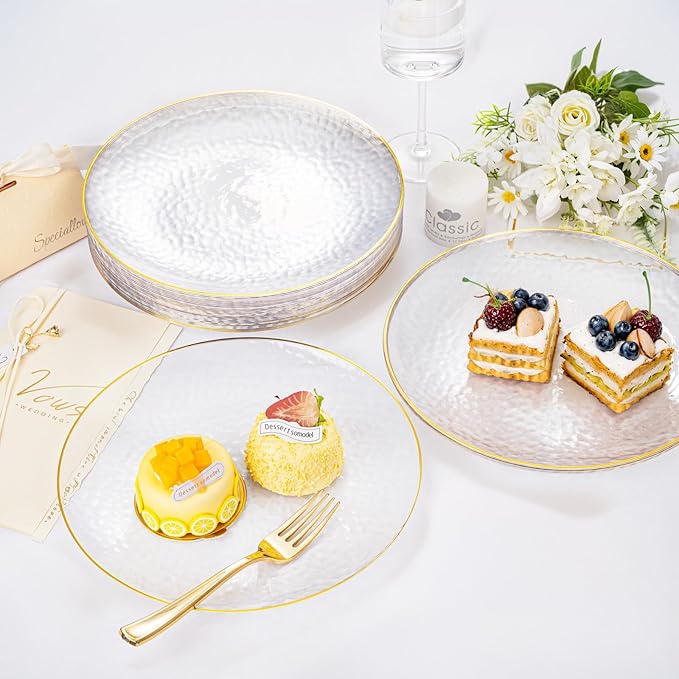 DaYammi 100 Pcs Gold Plastic Plates - 10 inch Clear Gold Dinner Plates Plastic Plates Disposable - Hammer Pattern Design - Fancy Disposable Plate - Heavy Duty Party Plate Ideal for Wedding
