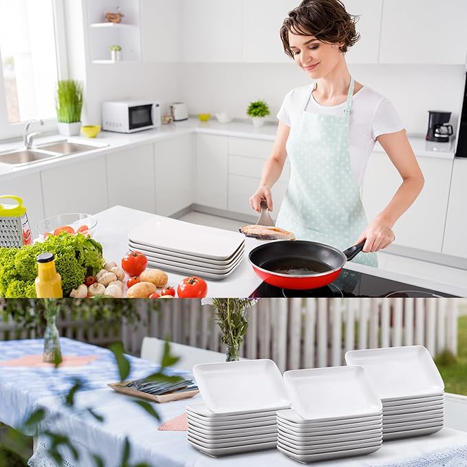 Irenare 20 Pcs 9 Inch Rectangular Salad Plates White Rectangular Porcelain Dessert Plates Appetizer Serving Tray Porcelain Platters for Fruit Sushi Dinner Parties, Microwave, Oven Safe