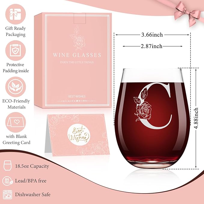 Valentines Day Gifts for Her, Gifts for Women Her Friend Mom Grandma Wife Sister Bridesmaid Nurse, Birthday Galentines Mothers Day Christmas, Personalized Initial Customized Wine Glasses 18OZ(C)