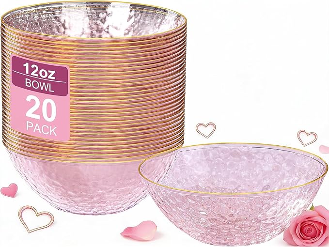 I00000 20 Pack 12 Ounce Pink Plastic Bowls Hammered Gold Rimmed Crystal Like, Heavy duty Disposable Bowl Set,Elegant Soup/Salad/Dessert/Ice Cream Small Bowls For Valentine's Day Party, Weddings