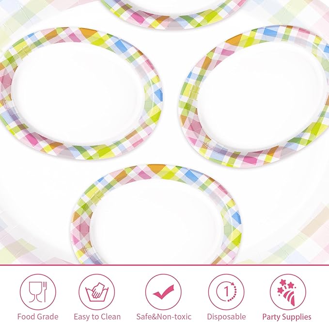 50Pcs Easter Oval Paper Plates 10" x 12" Large Disposable Heavy Duty Color Easter Buffalo Plaid Checkered Paper Platters Spring Rainbow Dessert Plates for Holiday Dinner Birthday Party Supplies