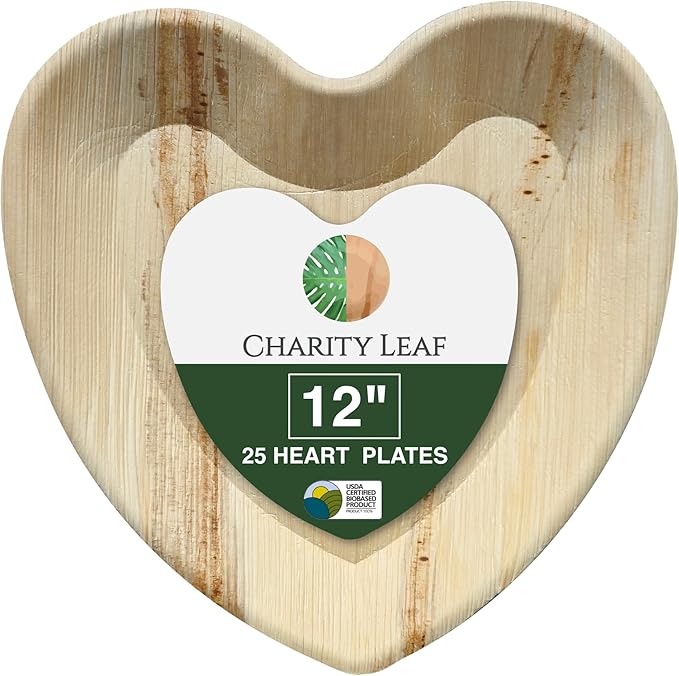 Charity Leaf Disposable Palm Leaf 12" Heart Plates (25 pieces) Bamboo Like Serving Platters, Disposable Boards, Eco-Friendly Dinnerware For Valentines, Weddings, Catering, Events