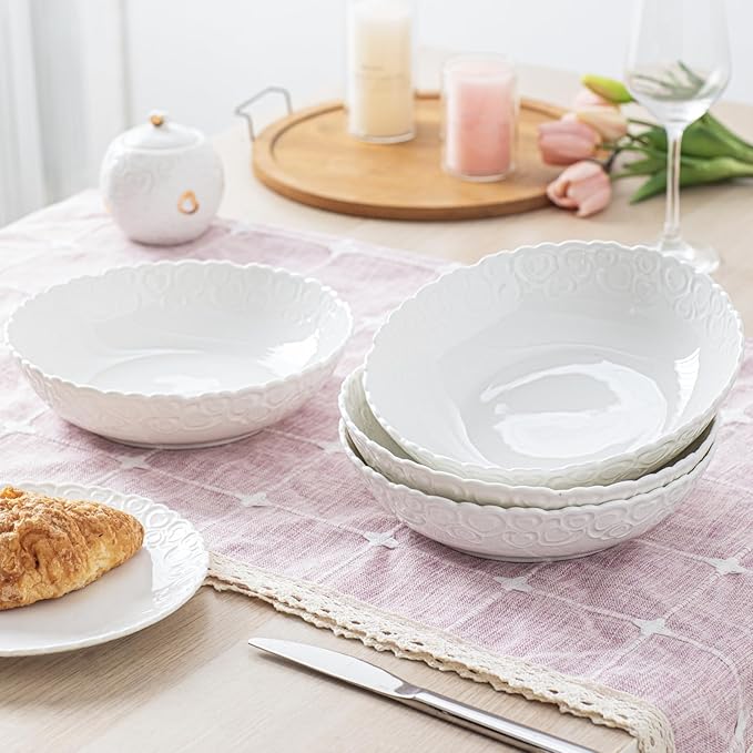 HOMBENE Heartbeat Pasta Bowls Set of 4, 40oz, Porcelain Wide and Shallow, Soup, Pasta, Noodle, Dinner, Large Salad Bowls Soup Bowl for Kitchen, Microwave & Dishwasher Safe (White)