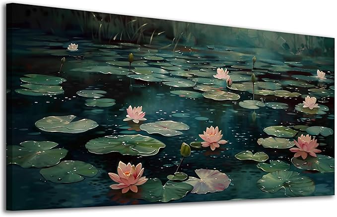 ADJUVANT Wall Art Impressionist Water Lily Pond 60" L x 30" W, Pink Lotus Flowers on Dark Blue Water Canvas Painting Nature Artwork Prints Wall Decor for Living Room Bedroom Bathroom Home Office