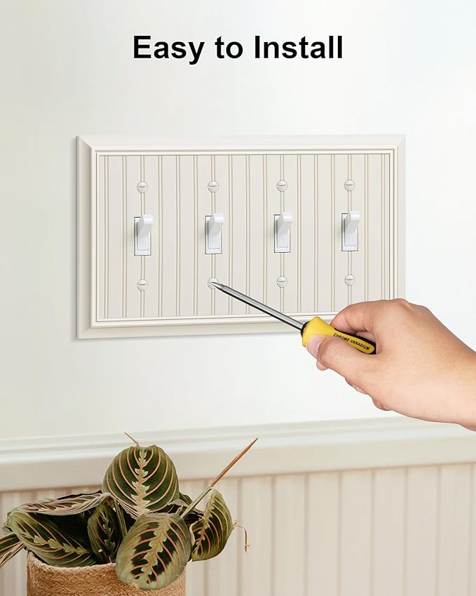2-Pack Classic Beadboard Quad Toggle Light Switch Cover Plate, Almond Decorative Switch Plate Covers, Natural Bamboo Fiber 4 Gang Wall Plate for Toggle Light Switch and Rotary Dimmer Switch