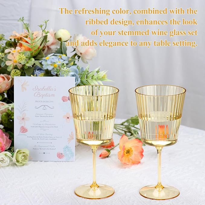 24 PCS Gold Ribbed Plastic Wine Glasses 13.5 OZ Ribbed Wine Glasses Detachable Wine Glass Elegant Fluted Glassware Vintage Style for Wedding Anniversary Birthday Dinner Parties
