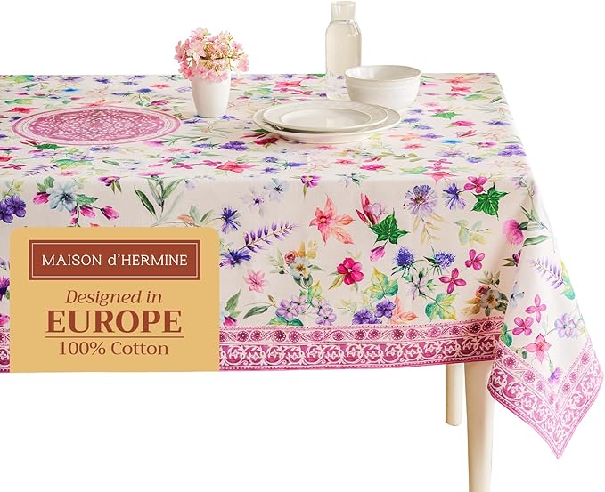 Maison d' Hermine Table Cloth Square Table 100% Cotton 60 x 60 Inches Tablecloth Reusable Decorative for Dining Room Farmhouse Home Valentines Day Decorations Spring Summer - Chardon