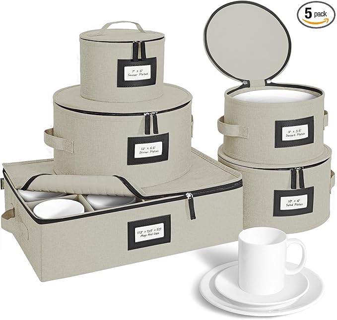 BALEINE China Storage Containers, Sturdy Quilted Wine Glass Storage, Plate Organizer with Carry Handles, Moving Boxes for Dishes, Cups, Mugs and Stemware (Plate Mug Combo, Hard Shell Cream)