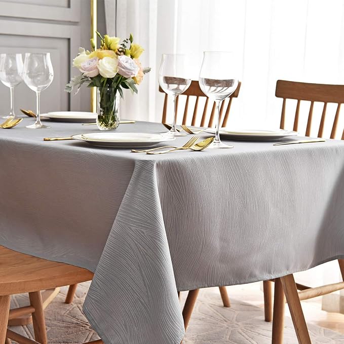 maxmill Jacquard Table Cloth Waving Pattern Water Resistant Wrinkle Resistance Heavy Weight Soft Tablecloth for Kitchen Dinning Tabletop Decoration Oblong 60 x 140 Inch Light Grey