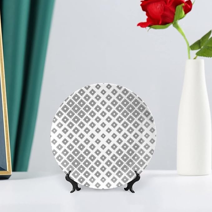 Ceramic Plates, Abstract Decorative Ceramic Plates, Minimalist Geometric Diamond Shaped Square Lines, 7 Inch, Household Plates Decorative, Black White