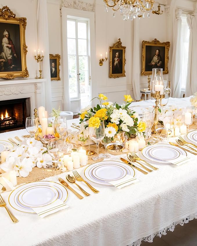 GATHER 350PCS Gold Plastic Plates - White and Gold Disposable Plastic Dinnerware Set Include 50 Dinner Plates, 50 Dessert Plate, 150 Silverware, 50 Napkins, 50 Cups for Party & Wedding