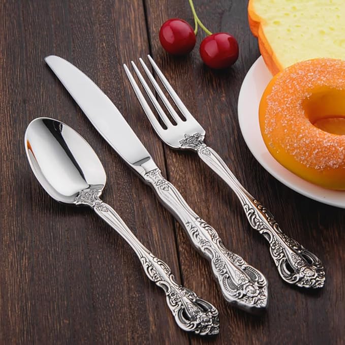 TWEE Luxury Fine Silverware Set for 10 Flatware Set 50 Pieces Relief Sculpture Openwork Design Elegant Tableware Set 18/10 Stainless Steel Cutlery Set Utensil Sets for Home Restaurant Dishwasher Safe