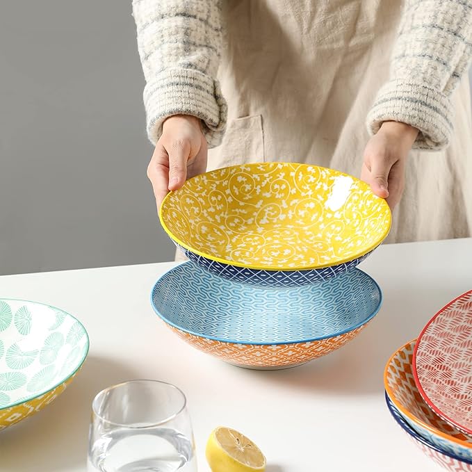 Selamica Porcelain 40oz Large Bowls 9 inch Big Pasta Salad Bowls, Microwave and Oven Safe, Colorful, Set of 6