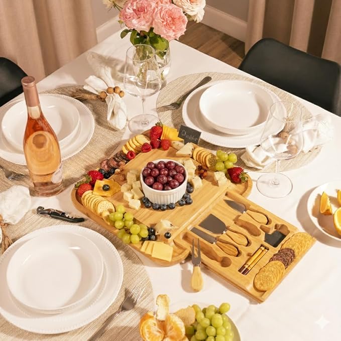 Large Bamboo Cheese Board Gift Set with Slide-Out Drawer & Knife Set – Charcuterie Board for Entertaining, Housewarming & Valentine’s Day Gifts