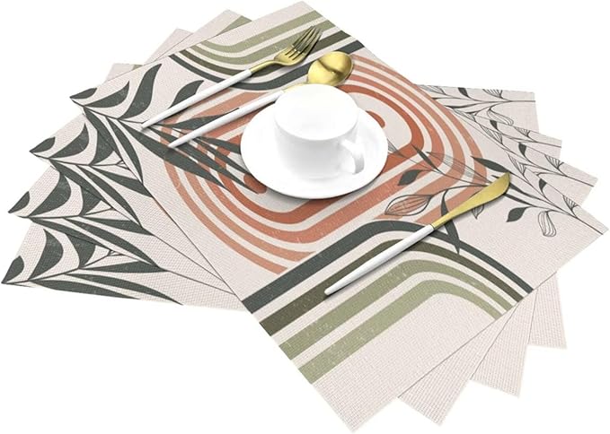 Mid Century Boho Sage Placemats, Abstract Bohemian Mid Century Plant Leaf Rainbow Dots Washable Place Mats 12x18Inch for Dining Kitchen Farmhouse Decor 6 PCS