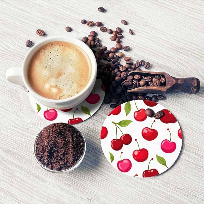 Cherry Berries Coasters for Drinks Office Coffee Table Healthy Fresh Fruit Food Glossy Leaf Organic Ripe Sweet Graphic Living Room Decor Set of 2 for Cold Drinks Wine Mugs and Cups 4 Inch