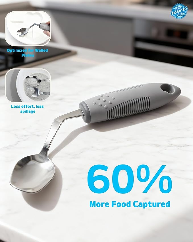 4-Piece Adaptive Utensils Set with Rocker Knife & Shovel Spoon - 42° Angled Parkinsons Utensils, 2.5 oz Weighted Silverware for Hand Tremors and Arthritis, Adaptive Eating Utensils (Grey Right-handed)