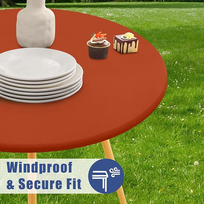 Round Spandex Tablecloth, Elastic Fitted Waterproof Tablecloths for 57"-68" Tables, Stretch Washable Picnic Table Cover for Camping, Dining, Indoor and Outdoor, Rust