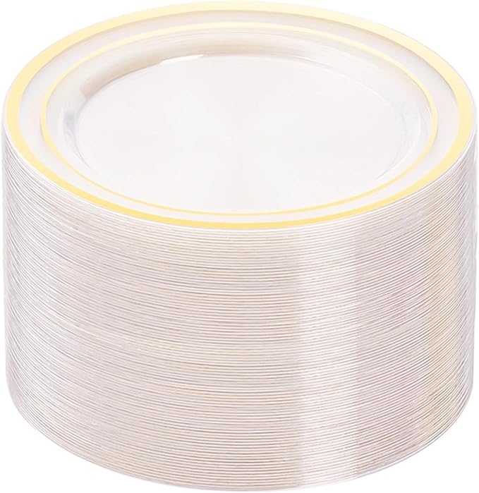 BESTVIP 100PCS Clear Plastic Plates, 10.25 Inch Disposable Dinner Plate Party with Gold Rim, Heavy Duty Disposable Plastic Plates for Party, Wedding and Birthday, Christmas, Thanksgiving