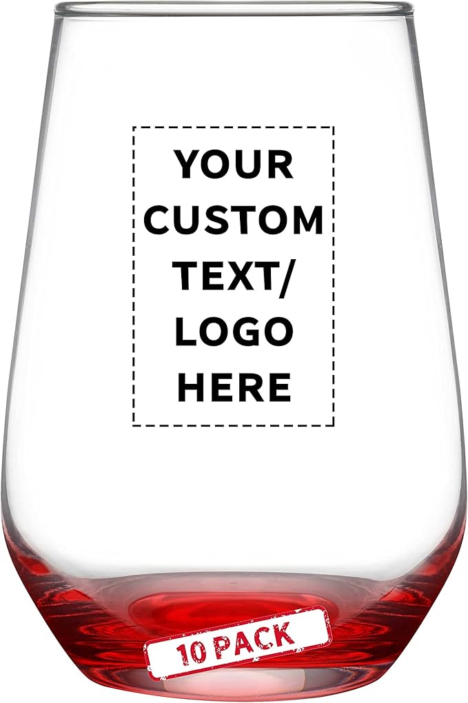 DISCOUNT PROMOS 10 Vaso Silicia Stemless Wine Glasses Set, 16 oz. - Personalized Text, Logo - Clear, Orb-Like, Thick base - Red