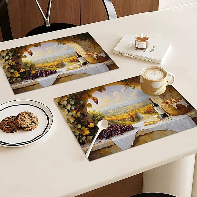 Wine Placemats Set of 4, French Country Grape Place Mats, Grapes Waterproof Washable Table Mats for Home Party Indoor Kitchen Dining Table Decoration 12x18 Inch