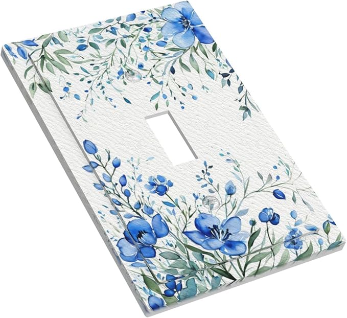 Decorative Light Switch Cover Blue Watercolor Flowers Retro Floral Leaves 1 Gang Wall Plate Cover Single Toggle Outlet Covers Switchplate Electrical Faceplate for Bathroom Bedroom Decor（2 Pack）