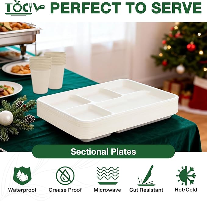 5 Compartment Paper Plates 12.5 x 8.6 inch 80- Count Compostable Disposable Divided Dinner Sectional Plates for Adults Heavy Duty Lunch Party Food Serving Trays with Dividers